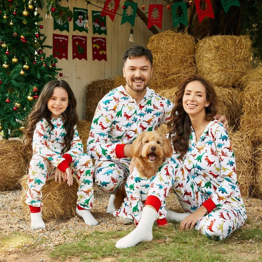 Christmas Dinosaur Onesies Family Matching Pajama Allover Santa Claus Print Long-sleeve Hooded Zipper