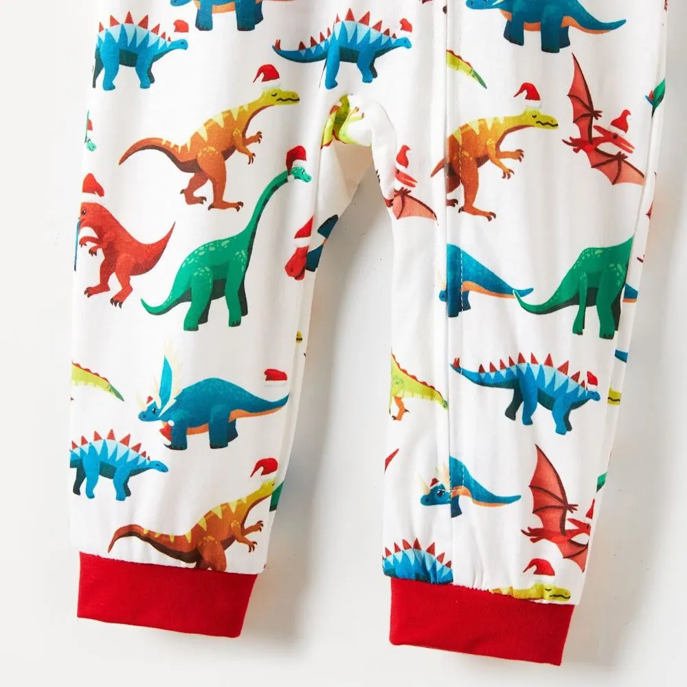 Christmas Dinosaur Onesies Family Matching Pajama Allover Santa Claus Print Long-sleeve Hooded Zipper
