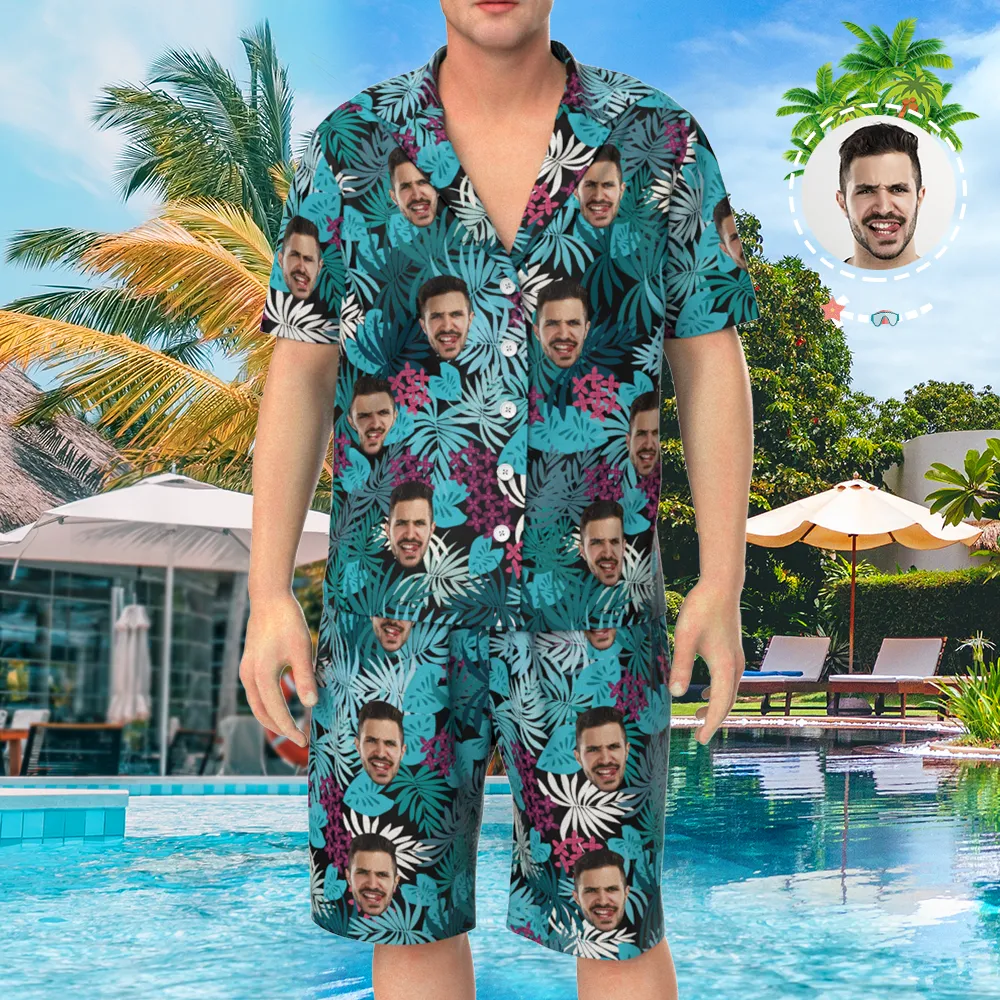 Custom Face On Pajamas, Short Sleeve Sleepwear, Button-Down Nightwear - Courful Leaves