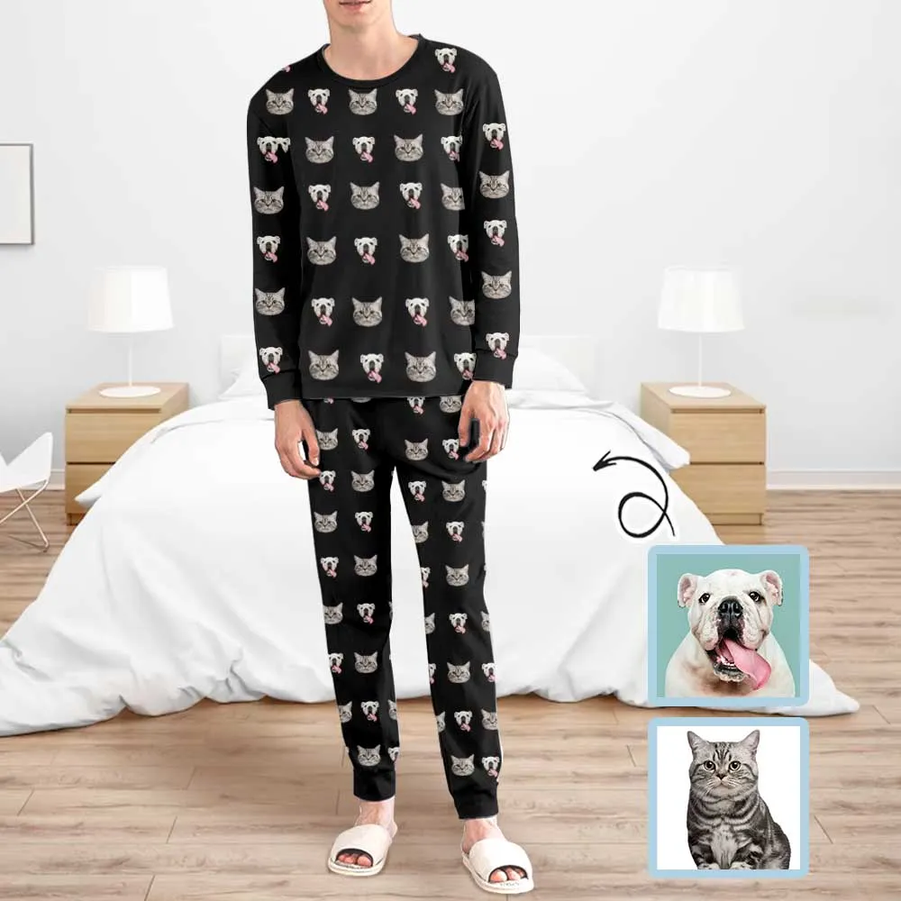 Custom Pets Face Men's Long Sleeve Crewneck Pajamas Set Black Personalized Sleepwear Sets