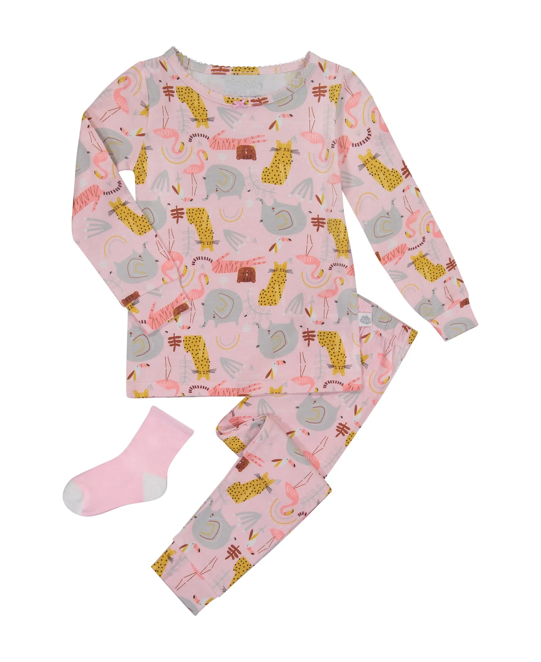 Infant/Toddler Girls Animal Zoo Snug Fit 2-Piece Pajama Sleep Set With Matching Socks