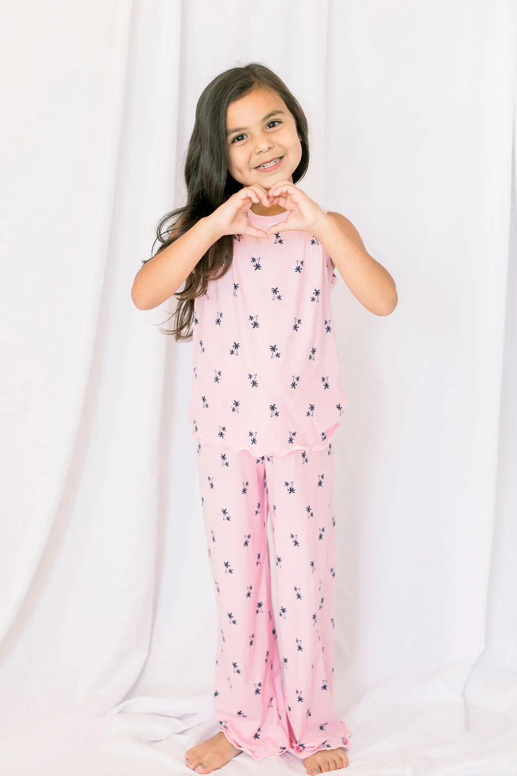 Kids Cozy Pink Palm Pajama Pants Set