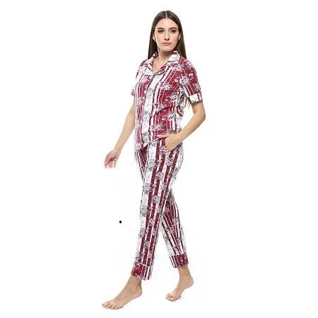 Women's Summer Floral Print Pajama Set - Dark Red